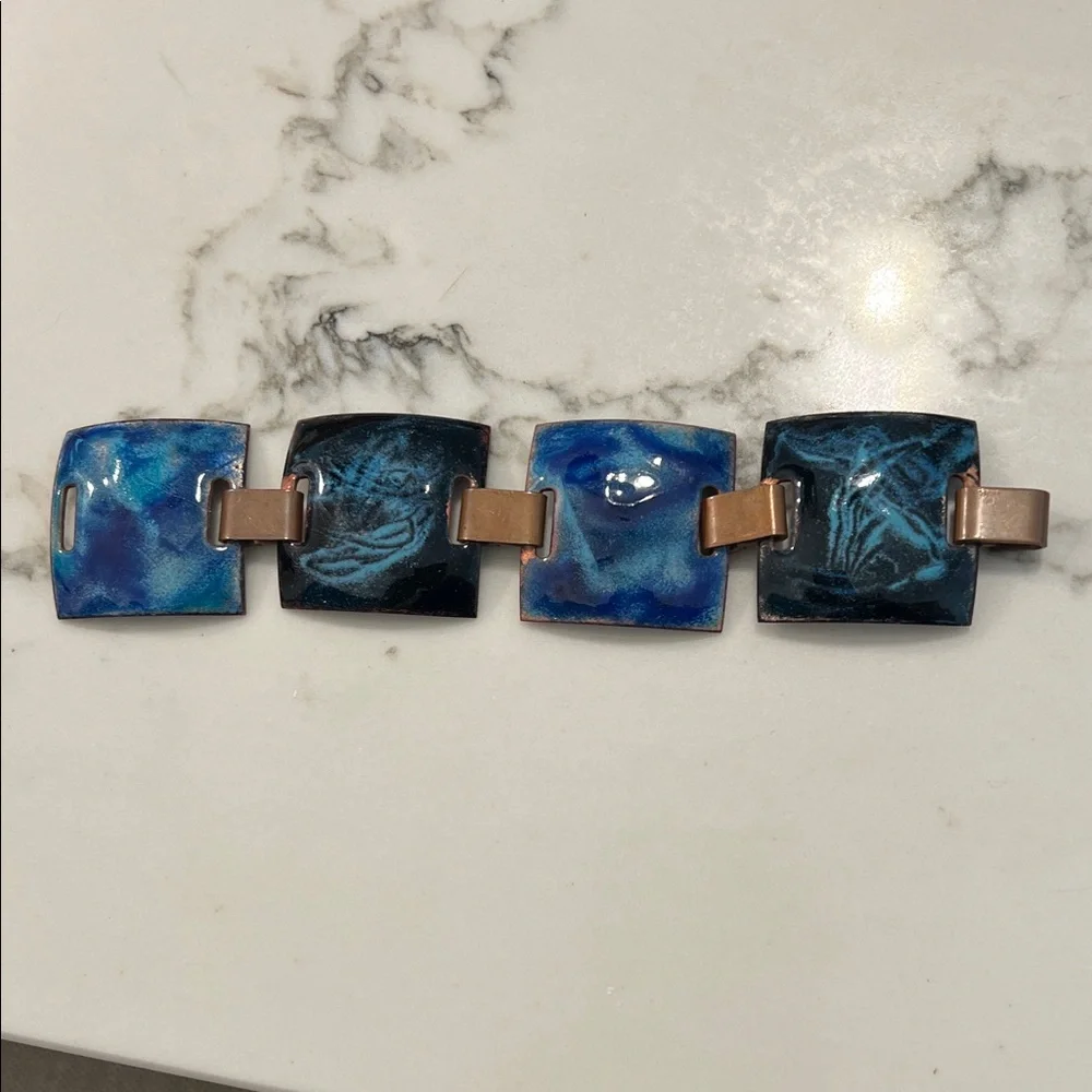 Vintage copper enamel panels squares hand made Blue and Black Artistic Bracelet - Picture 3 of 6